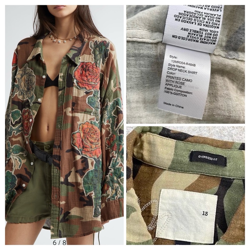 R13 NWOT Drop Neck Floral Patch Camouflage Print Button-Up Shirt - Picture 6 of 11